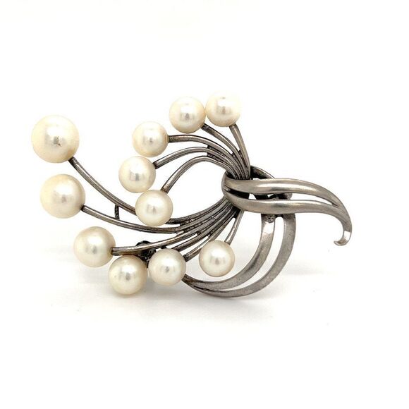 Mikimoto Estate Akoya Pearl XL Spray Brooch Sterling Silver 7.62 mm M265 - Picture 1 of 13